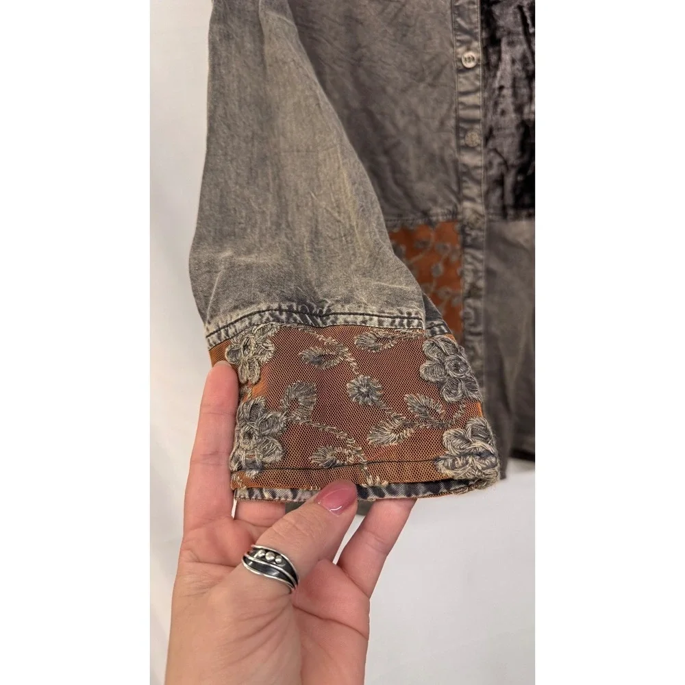 Women’s Boho Patchwork Button Front Shirt XL Velvet Artsy Parsley‎ & Sage - Picture 2 of 10